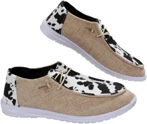 Women's Milky Cow Print Slip-On Loafers - Lightweight Comfortable Casual Shoes with Elastic Laces, Foam Outsole, Orthotic Walking Shoes for Daily Wear, US 6-10