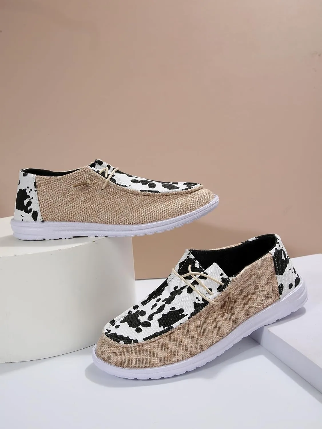 Women's Milky Cow Print Slip-On Loafers - Lightweight Comfortable Casual Shoes with Elastic Laces, Foam Outsole, Orthotic Walking Shoes for Daily Wear, US 6-10