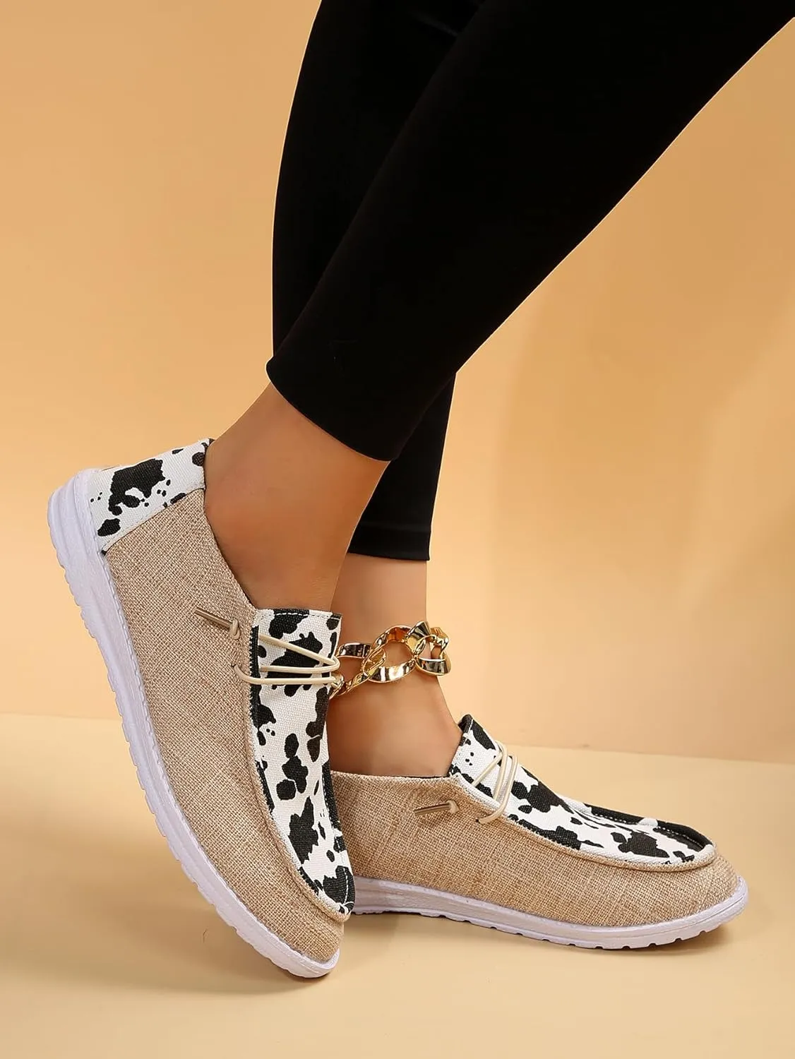 Women's Milky Cow Print Slip-On Loafers - Lightweight Comfortable Casual Shoes with Elastic Laces, Foam Outsole, Orthotic Walking Shoes for Daily Wear, US 6-10