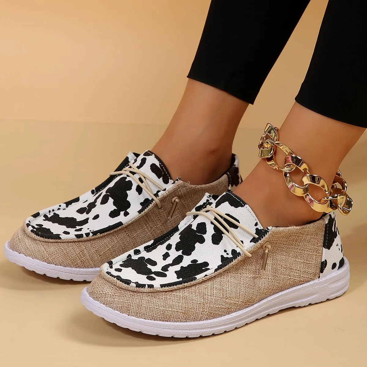 Women's Milky Cow Print Slip-On Loafers - Lightweight Comfortable Casual Shoes with Elastic Laces, Foam Outsole, Orthotic Walking Shoes for Daily Wear, US 6-10