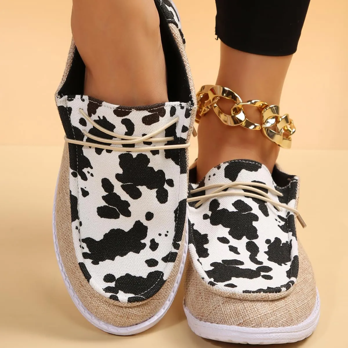 Women's Milky Cow Print Slip-On Loafers - Lightweight Comfortable Casual Shoes with Elastic Laces, Foam Outsole, Orthotic Walking Shoes for Daily Wear, US 6-10