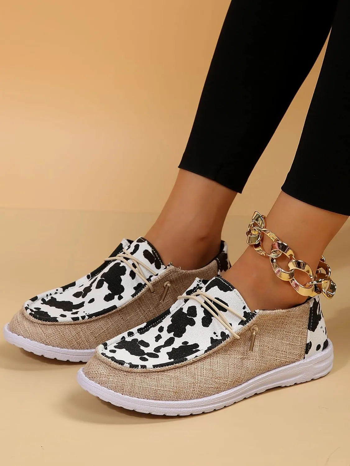 Women's Milky Cow Print Slip-On Loafers - Lightweight Comfortable Casual Shoes with Elastic Laces, Foam Outsole, Orthotic Walking Shoes for Daily Wear, US 6-10