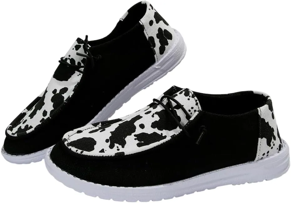 Women's Milky Cow Print Slip-On Loafers - Lightweight Comfortable Casual Shoes with Elastic Laces, Foam Outsole, Orthotic Walking Shoes for Daily Wear, US 6-10