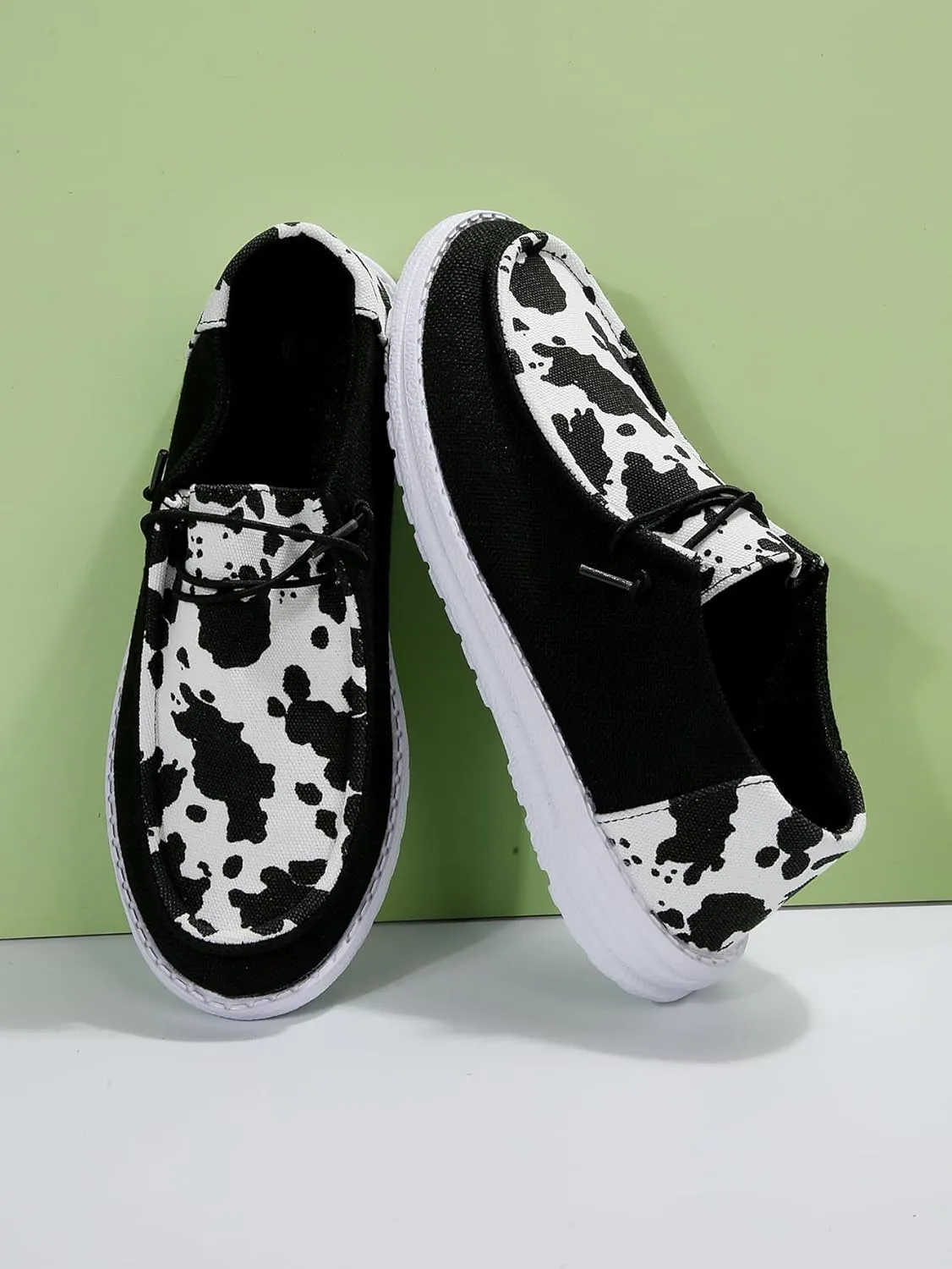 Women's Milky Cow Print Slip-On Loafers - Lightweight Comfortable Casual Shoes with Elastic Laces, Foam Outsole, Orthotic Walking Shoes for Daily Wear, US 6-10