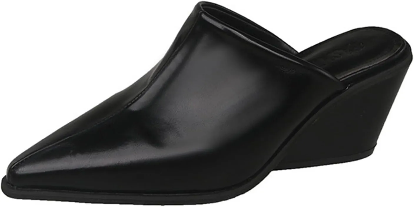 Womens Mules Point Closed Toe Pumps Chunky Block Heel Sandal Leather Slip-on Backless Wedged Casual Dress Shoes