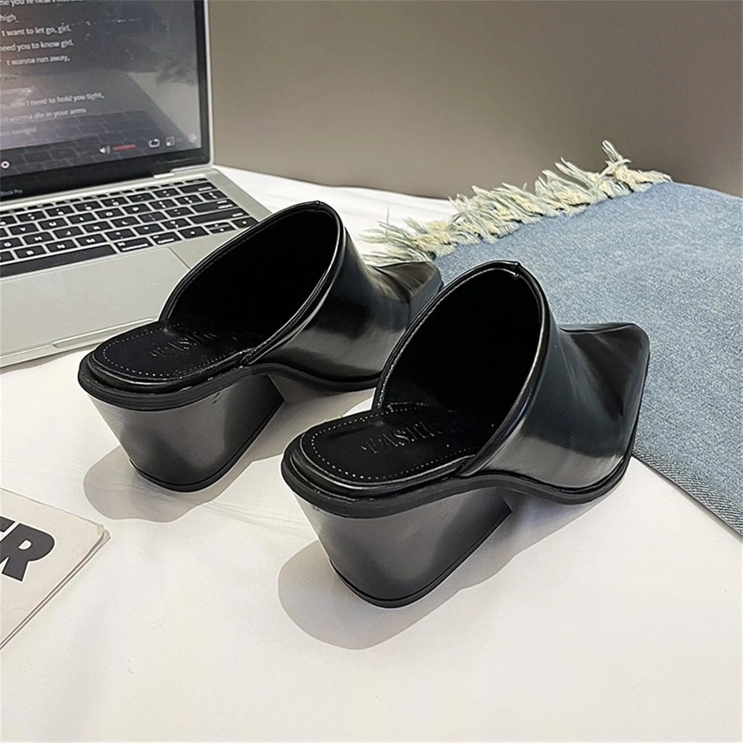 Womens Mules Point Closed Toe Pumps Chunky Block Heel Sandal Leather Slip-on Backless Wedged Casual Dress Shoes