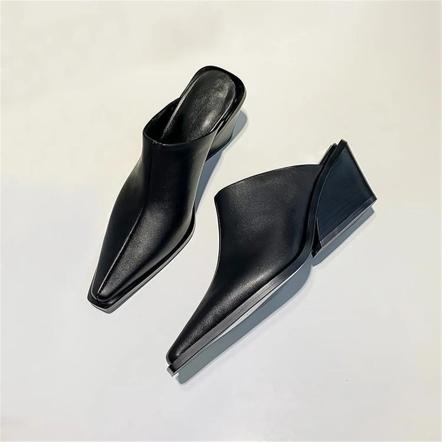 Womens Mules Point Closed Toe Pumps Chunky Block Heel Sandal Leather Slip-on Backless Wedged Casual Dress Shoes