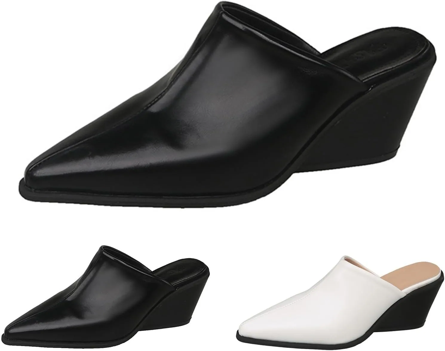 Womens Mules Point Closed Toe Pumps Chunky Block Heel Sandal Leather Slip-on Backless Wedged Casual Dress Shoes