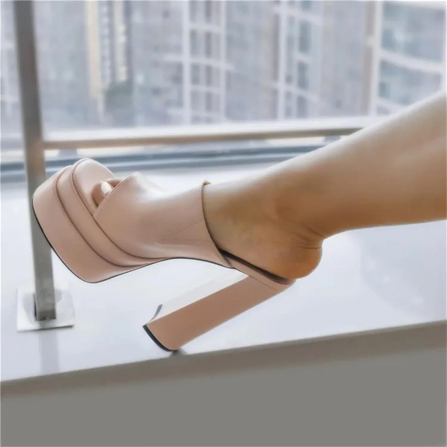 Women's Nude Buckle Sandals - Platform Peep Toe Chunky Party Mules