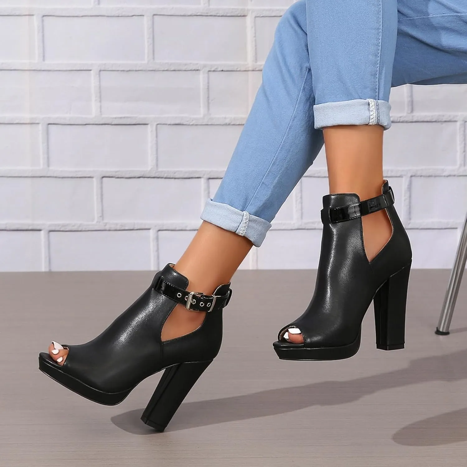 Women's Open Peep Toe Booties Cutout Side Strap Buckle Chunky Block Heel Fashion Short Ankle Boots Dressy Sandals