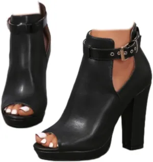 Women's Open Peep Toe Booties Cutout Side Strap Buckle Chunky Block Heel Fashion Short Ankle Boots Dressy Sandals