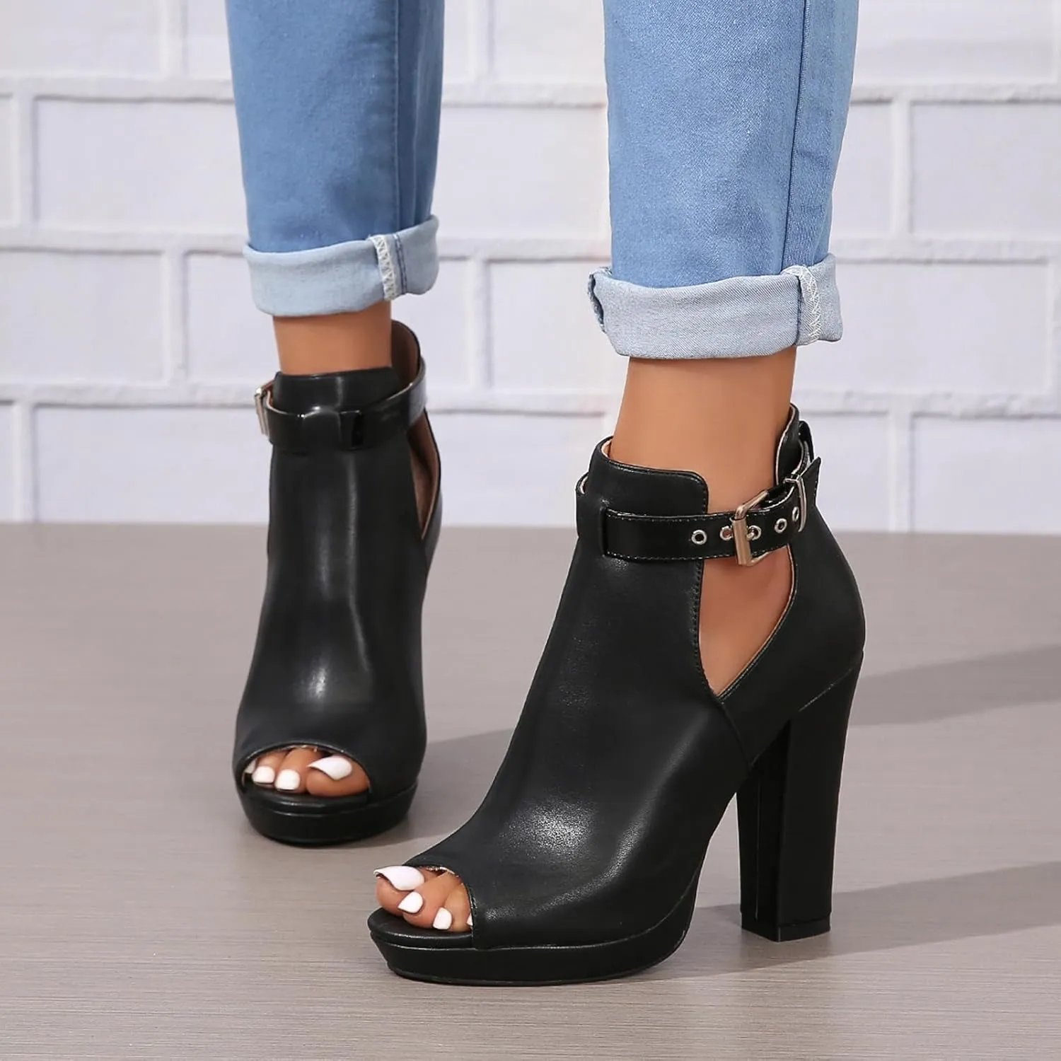 Women's Open Peep Toe Booties Cutout Side Strap Buckle Chunky Block Heel Fashion Short Ankle Boots Dressy Sandals