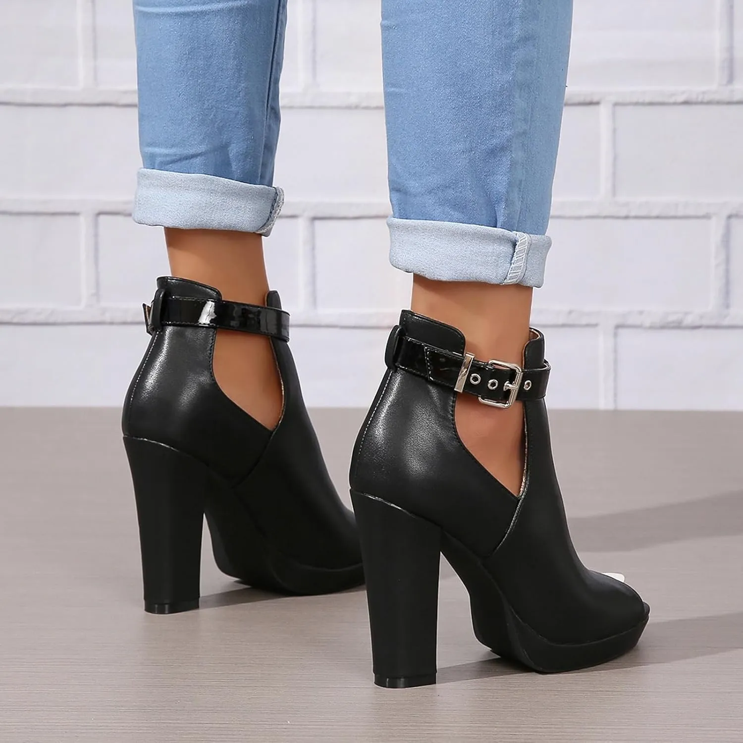 Women's Open Peep Toe Booties Cutout Side Strap Buckle Chunky Block Heel Fashion Short Ankle Boots Dressy Sandals