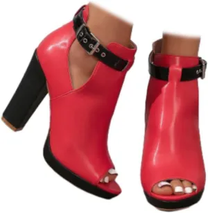 Women's Open Peep Toe Booties Cutout Side Strap Buckle Chunky Block Heel Fashion Short Ankle Boots Dressy Sandals
