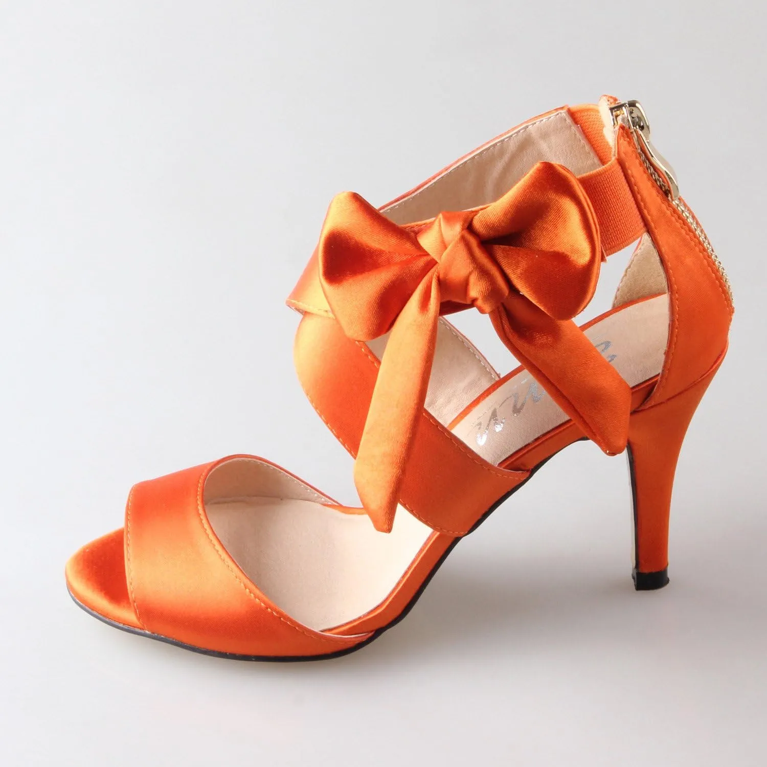 Women's Orange Bow Sandals Satin Dress Shoes Bridal Wedding Heels, Party Show Shoes