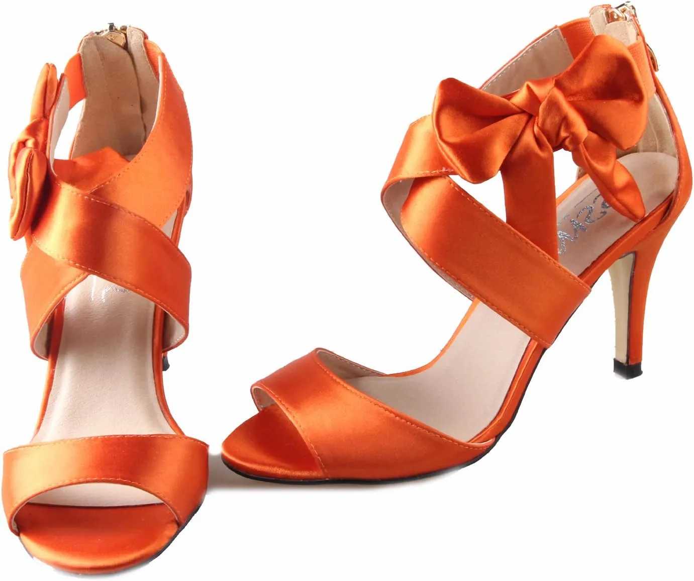 Women's Orange Bow Sandals Satin Dress Shoes Bridal Wedding Heels, Party Show Shoes