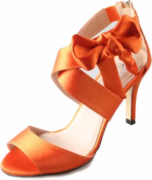 Women's Orange Bow Sandals Satin Dress Shoes Bridal Wedding Heels, Party Show Shoes