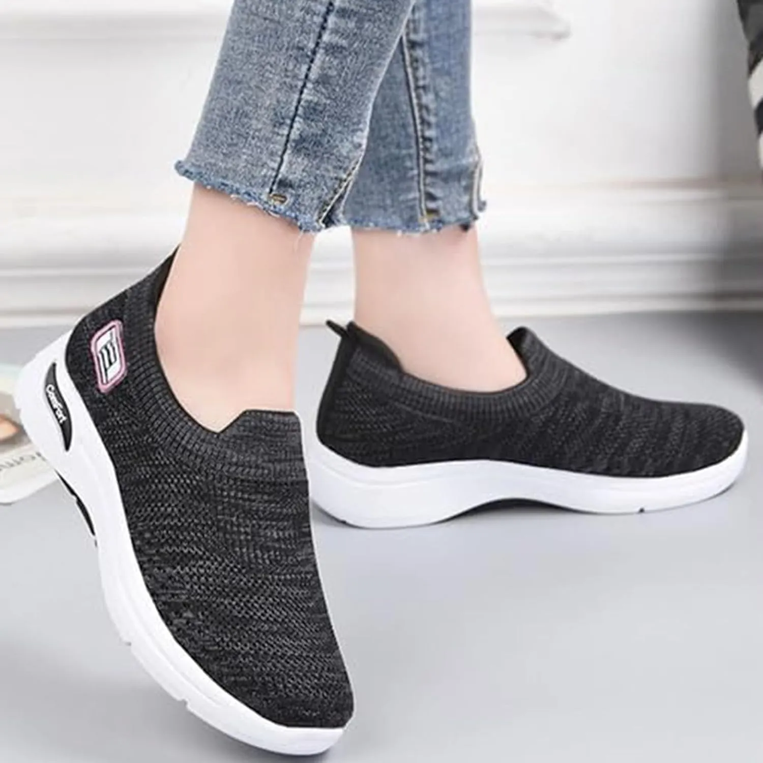 Womens Orthopedic Shoes Breathable Lightweight with Arch Support Sneakers Soft Knitted Slip-On Running Jogging Shoe Casual Comfortable Slip Ins Workout Tennis Shoes Mesh Trainers