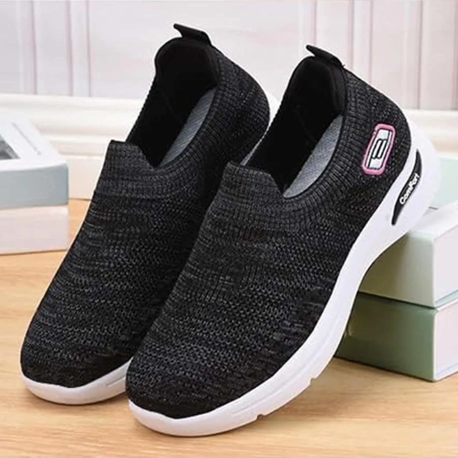 Womens Orthopedic Shoes Breathable Lightweight with Arch Support Sneakers Soft Knitted Slip-On Running Jogging Shoe Casual Comfortable Slip Ins Workout Tennis Shoes Mesh Trainers