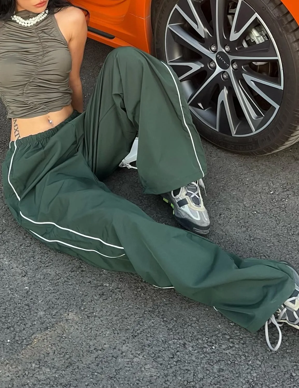 Womens Parachute Pants Wide Leg Baggy Pants Y2K Elastic Waist Jogger Sweatpants Track Pants Streetwear