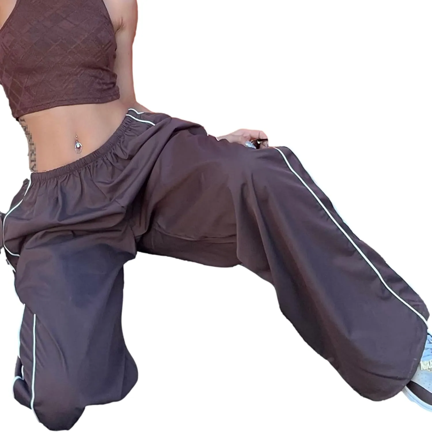 Womens Parachute Pants Wide Leg Baggy Pants Y2K Elastic Waist Jogger Sweatpants Track Pants Streetwear