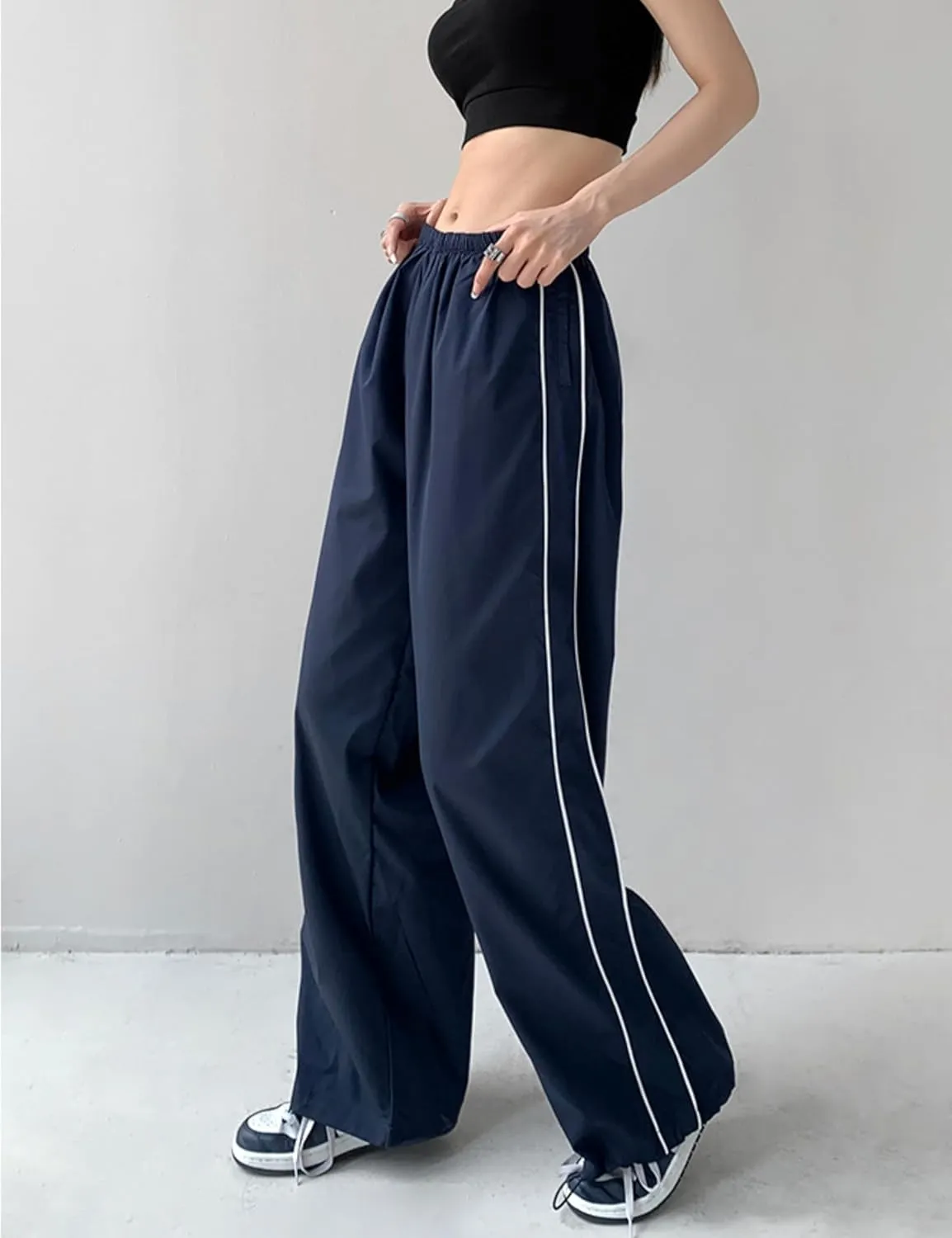 Womens Parachute Pants Wide Leg Baggy Pants Y2K Elastic Waist Jogger Sweatpants Track Pants Streetwear