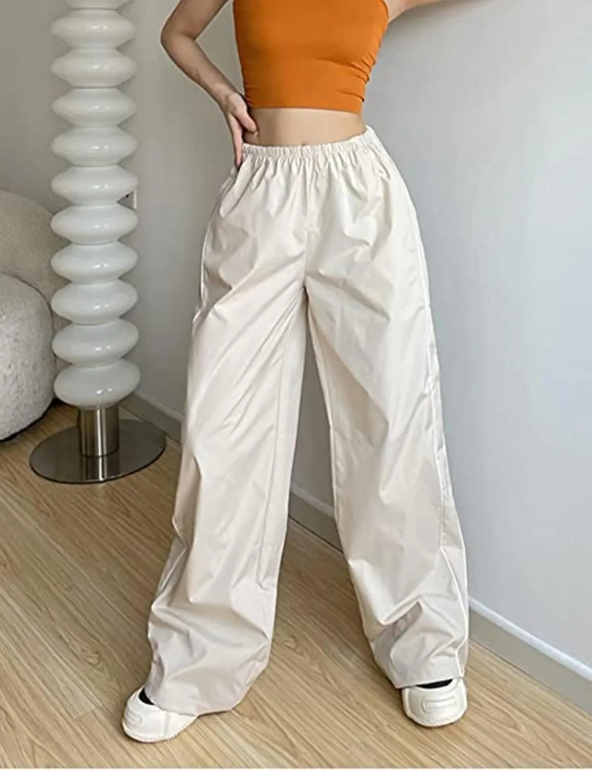 Womens Parachute Pants Wide Leg Baggy Pants Y2K Elastic Waist Jogger Sweatpants Track Pants Streetwear