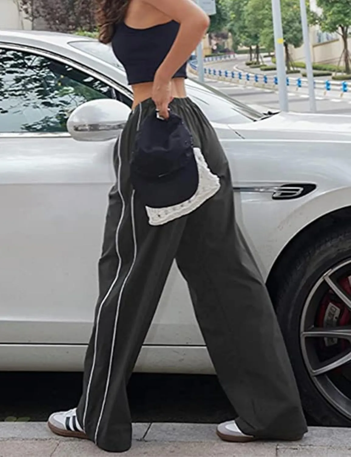 Womens Parachute Pants Wide Leg Baggy Pants Y2K Elastic Waist Jogger Sweatpants Track Pants Streetwear