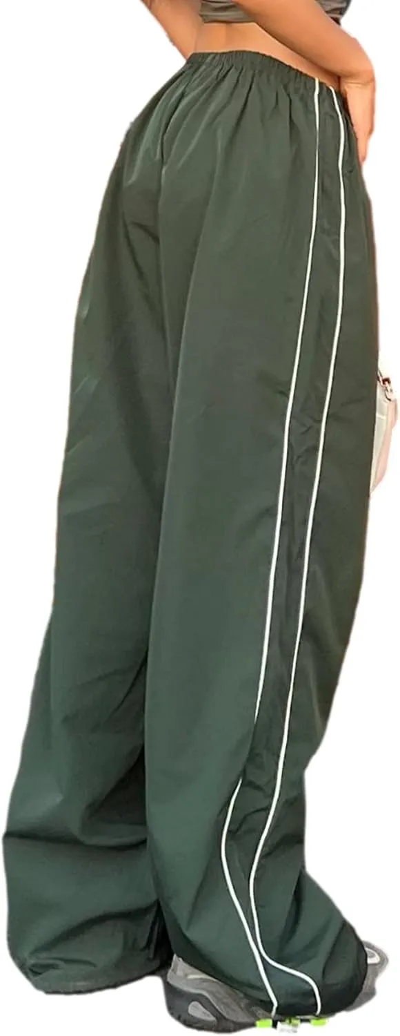 Womens Parachute Pants Wide Leg Baggy Pants Y2K Elastic Waist Jogger Sweatpants Track Pants Streetwear