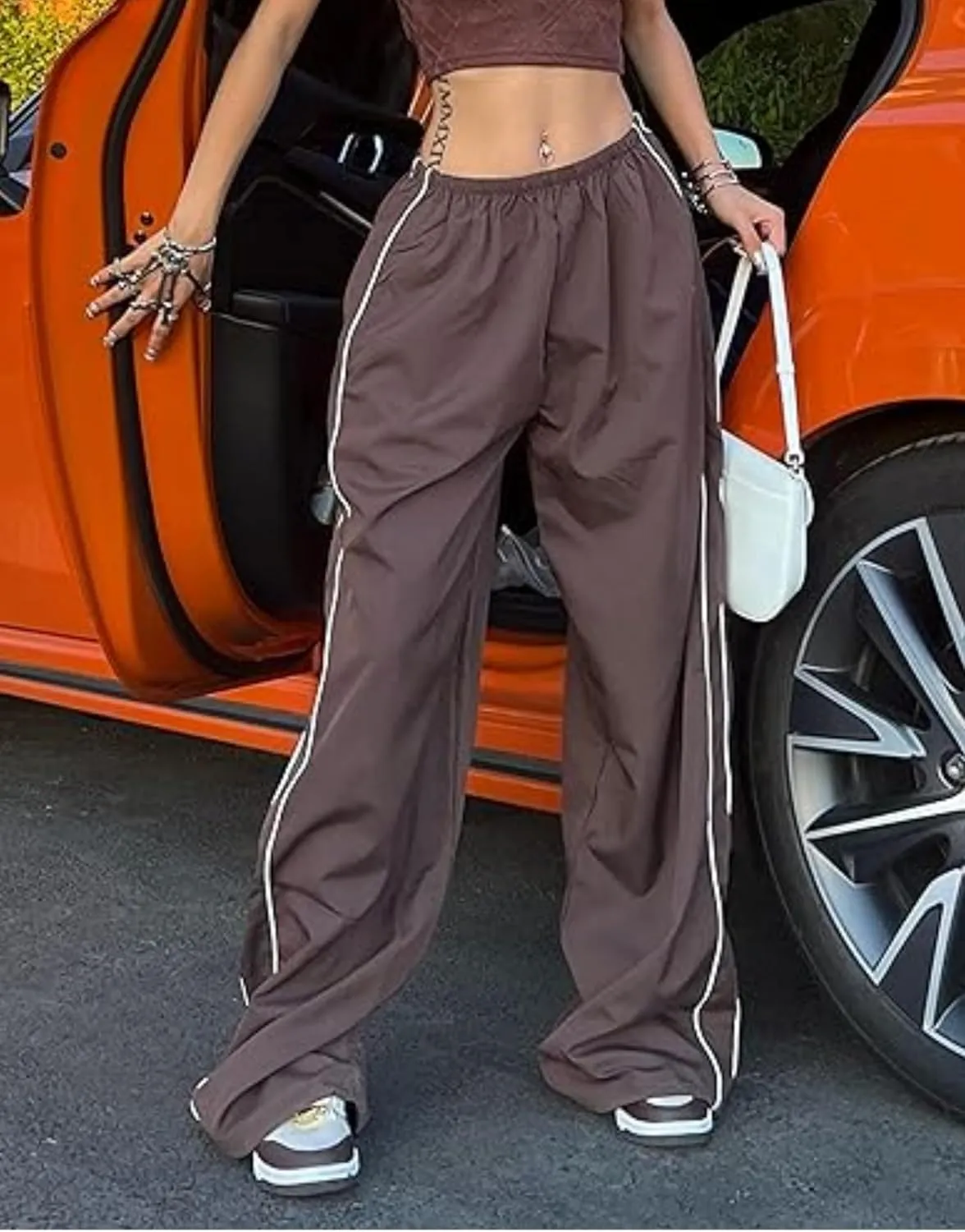Womens Parachute Pants Wide Leg Baggy Pants Y2K Elastic Waist Jogger Sweatpants Track Pants Streetwear
