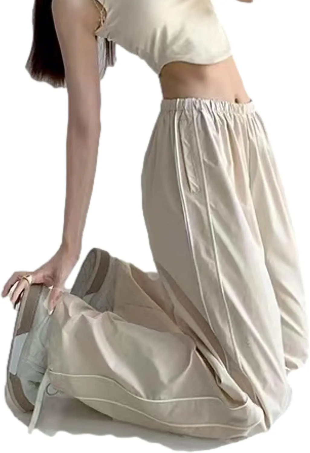 Womens Parachute Pants Wide Leg Baggy Pants Y2K Elastic Waist Jogger Sweatpants Track Pants Streetwear