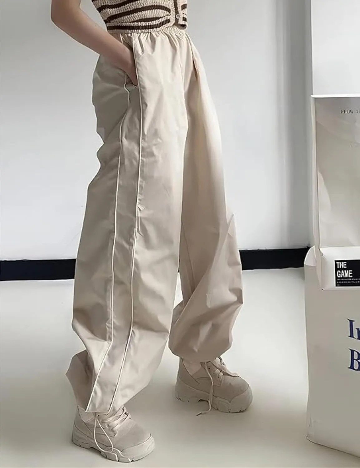 Womens Parachute Pants Wide Leg Baggy Pants Y2K Elastic Waist Jogger Sweatpants Track Pants Streetwear