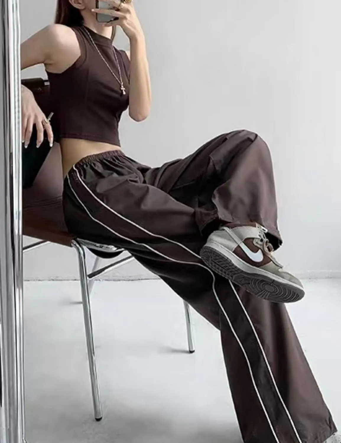 Womens Parachute Pants Wide Leg Baggy Pants Y2K Elastic Waist Jogger Sweatpants Track Pants Streetwear
