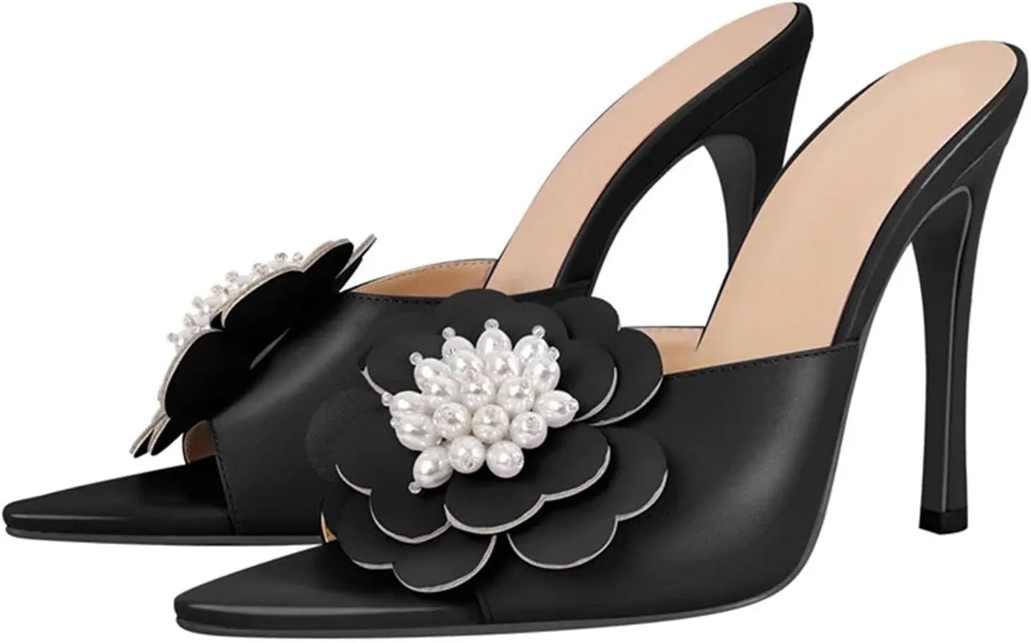 Women's Pearl Flower Mules - Pointed Toe Big Size Heels