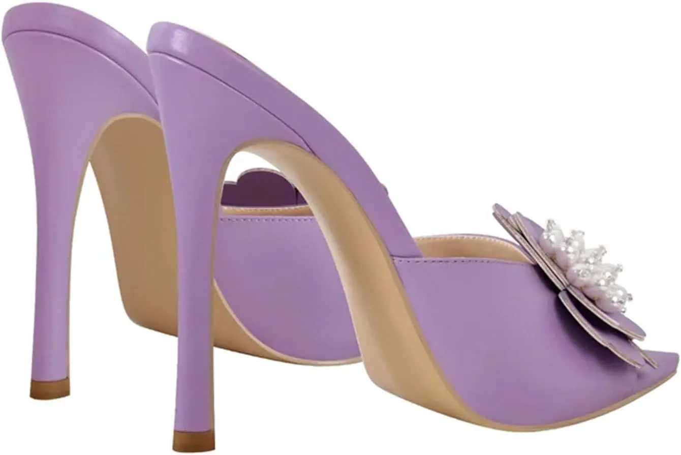 Women's Pearl Flower Mules - Pointed Toe Big Size Heels