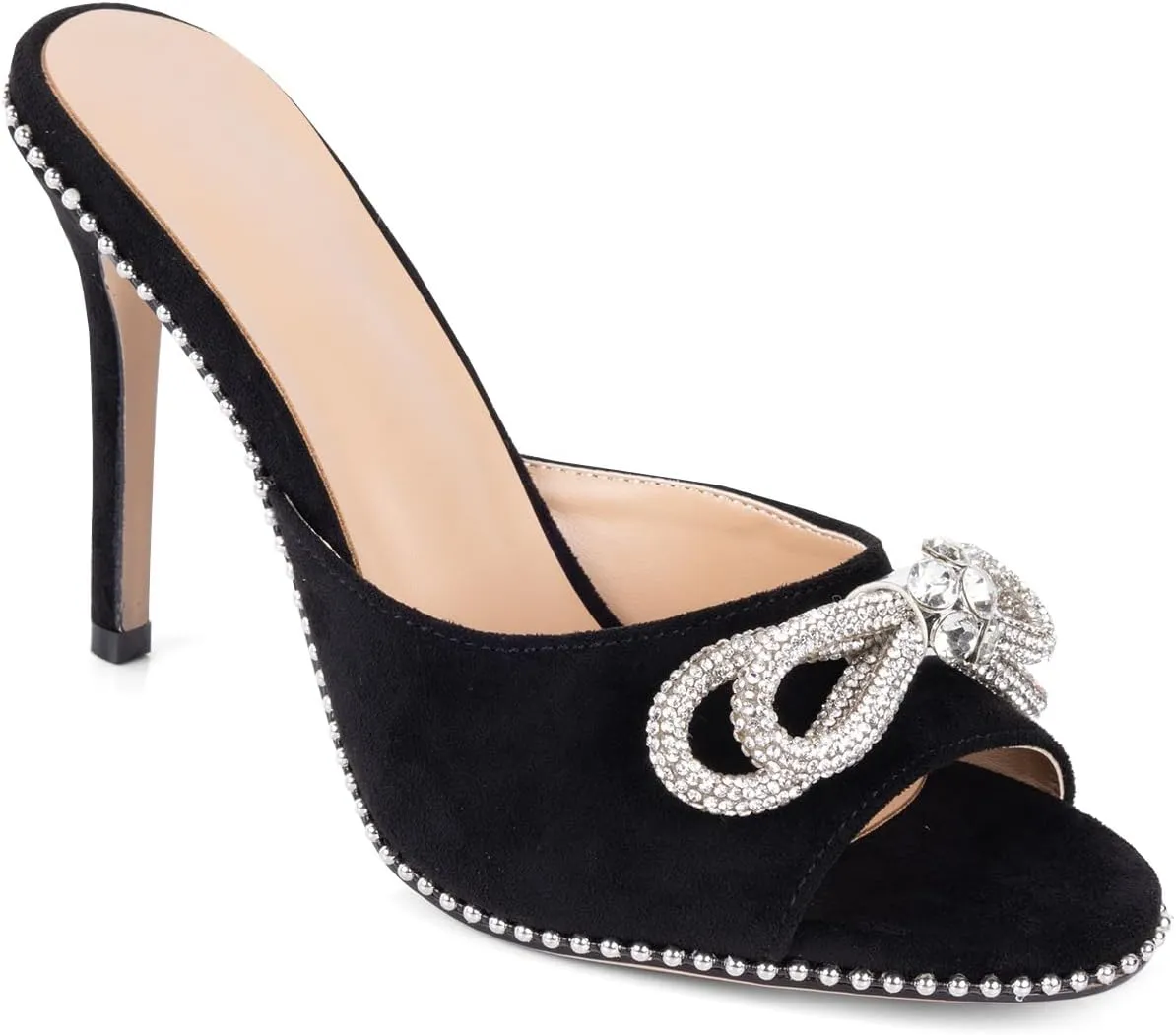 Women's Peep Round Toe Pumps -Black Heeled Mules with Crystal Bowknot Stiletto Heels Elegant Slip On High Heel Sandals for Party and Special Occasions Summer Shoes for Dressy Lady