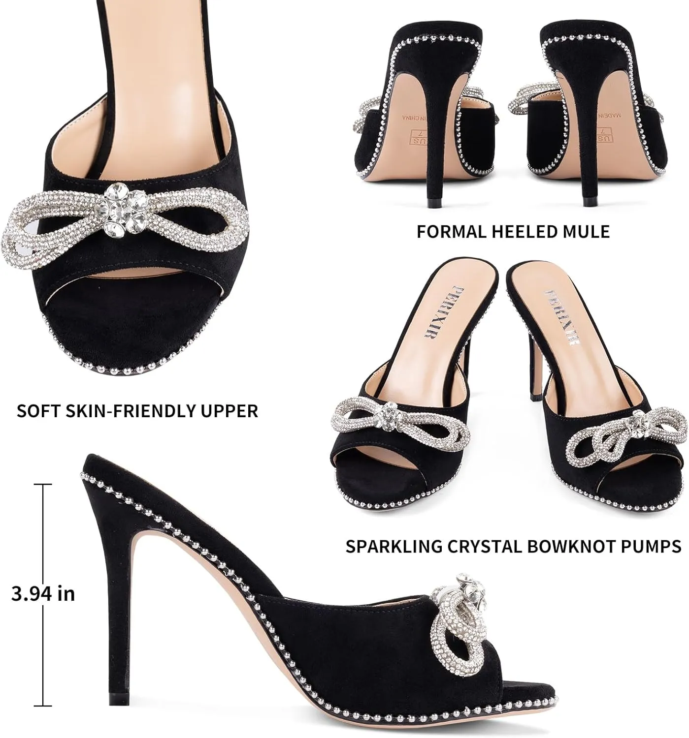 Women's Peep Round Toe Pumps -Black Heeled Mules with Crystal Bowknot Stiletto Heels Elegant Slip On High Heel Sandals for Party and Special Occasions Summer Shoes for Dressy Lady