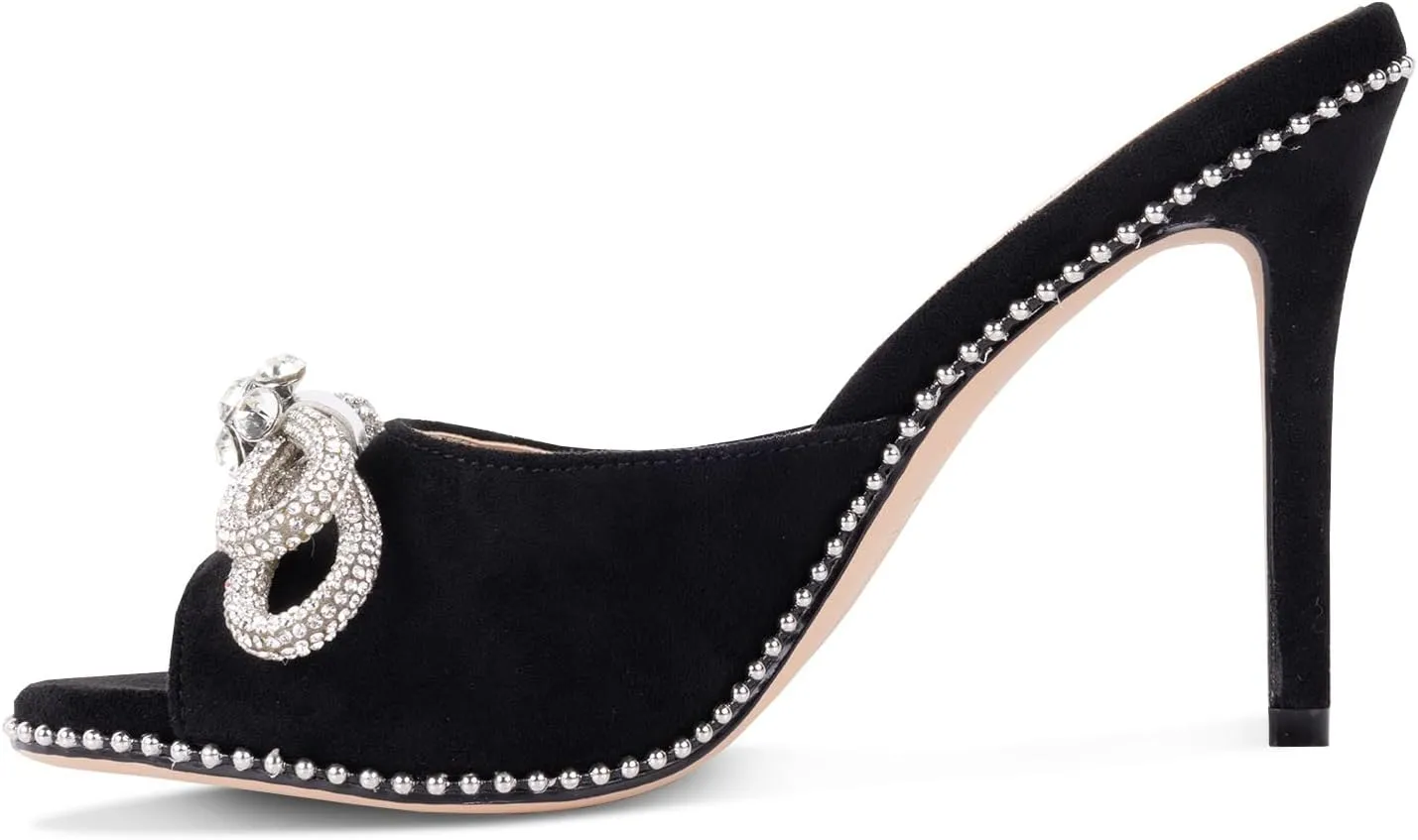 Women's Peep Round Toe Pumps -Black Heeled Mules with Crystal Bowknot Stiletto Heels Elegant Slip On High Heel Sandals for Party and Special Occasions Summer Shoes for Dressy Lady
