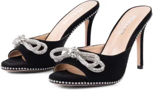 Women's Peep Round Toe Pumps -Black Heeled Mules with Crystal Bowknot Stiletto Heels Elegant Slip On High Heel Sandals for Party and Special Occasions Summer Shoes for Dressy Lady