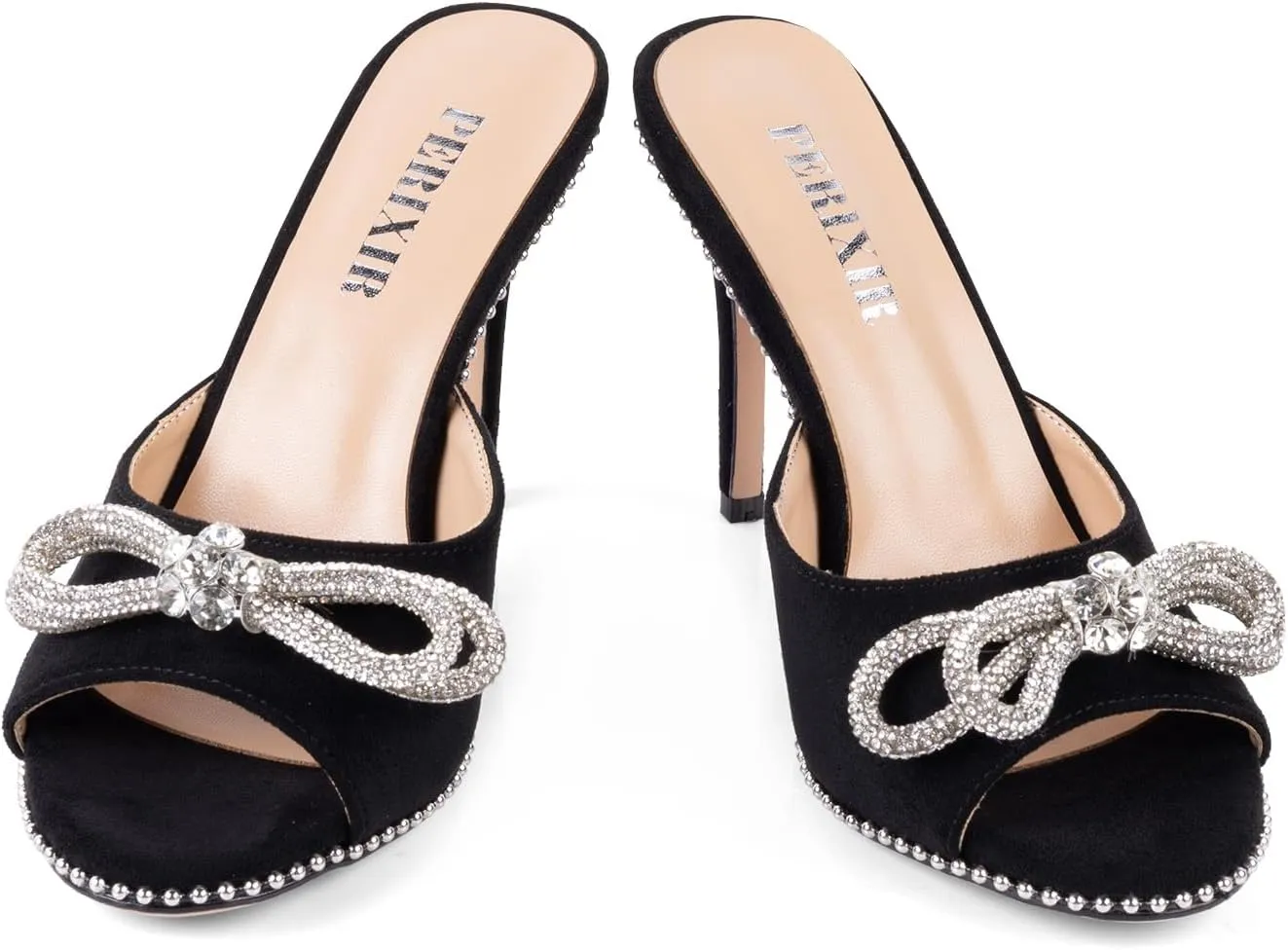Women's Peep Round Toe Pumps -Black Heeled Mules with Crystal Bowknot Stiletto Heels Elegant Slip On High Heel Sandals for Party and Special Occasions Summer Shoes for Dressy Lady