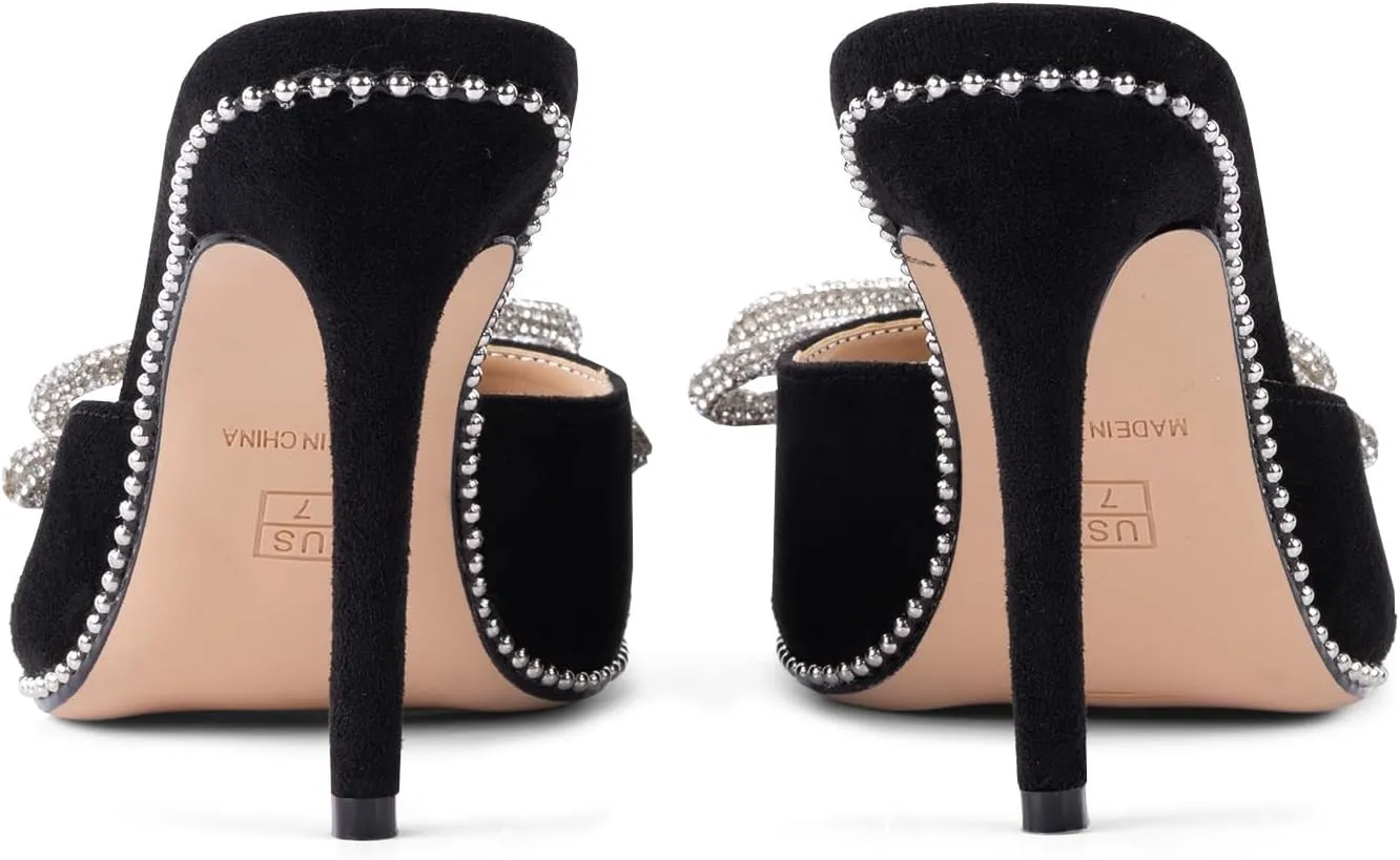 Women's Peep Round Toe Pumps -Black Heeled Mules with Crystal Bowknot Stiletto Heels Elegant Slip On High Heel Sandals for Party and Special Occasions Summer Shoes for Dressy Lady