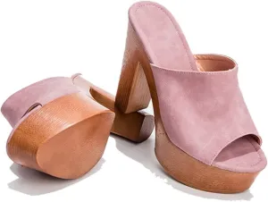 Women's Peep Toe Platform Chunky High Heel Mule Sandals Slip On Wedge Slides Sandals Comfortable Dress Sandals