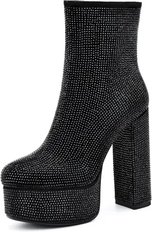 Women's Platform Ankle Boots Round Toe Zipper Rhinestone Sparkly Glitter Boots Chunky High Heel for Party Dress Halloween Cosplay