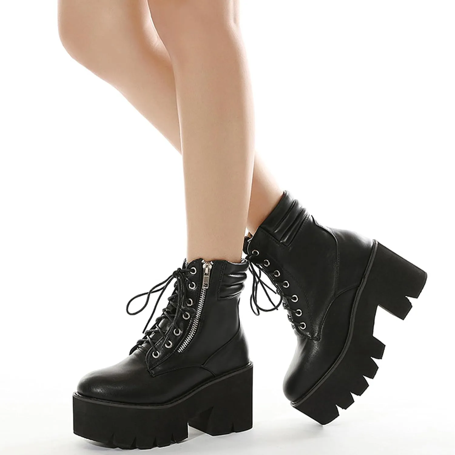 Womens Platform Boots Round Toe Chunky Ankle Boots Punk Boots Lace Up&Zipper Combat Boots