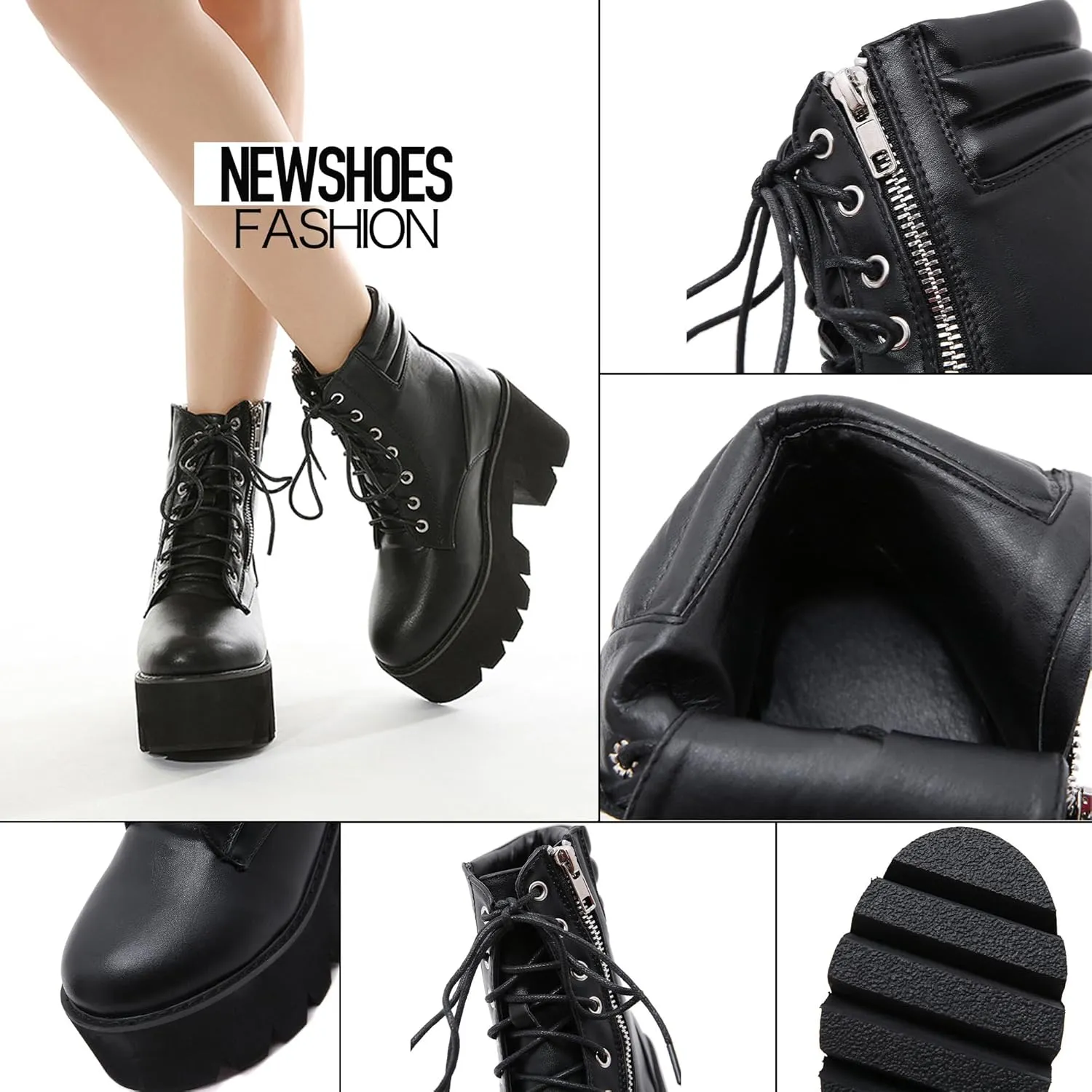Womens Platform Boots Round Toe Chunky Ankle Boots Punk Boots Lace Up&Zipper Combat Boots