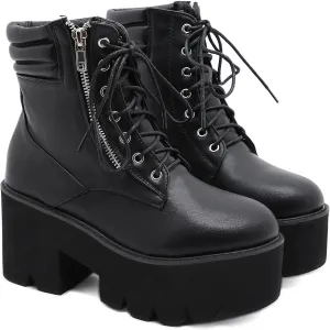 Womens Platform Boots Round Toe Chunky Ankle Boots Punk Boots Lace Up&Zipper Combat Boots