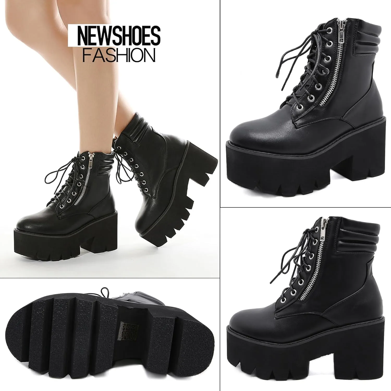 Womens Platform Boots Round Toe Chunky Ankle Boots Punk Boots Lace Up&Zipper Combat Boots