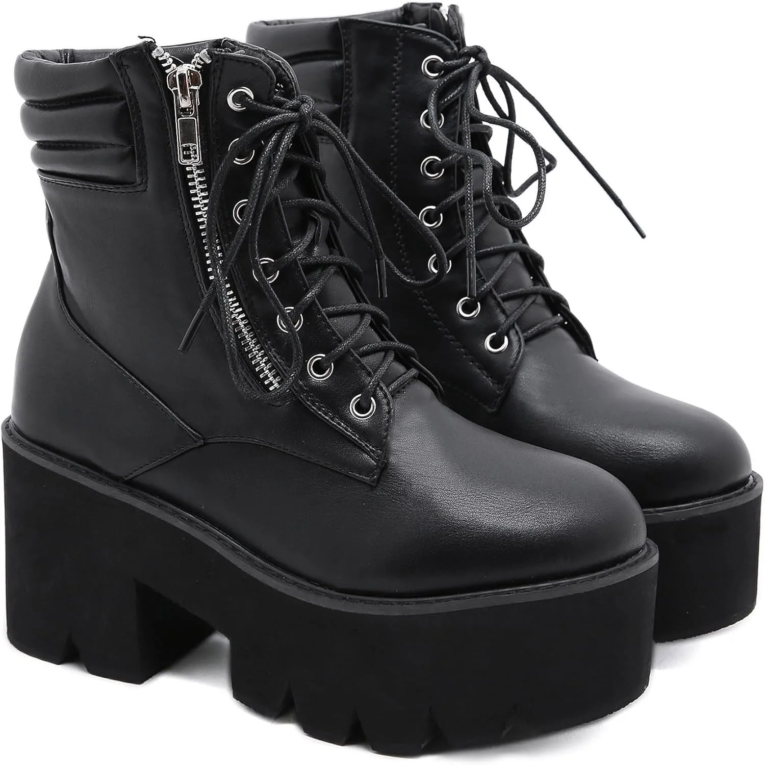 Womens Platform Boots Round Toe Chunky Ankle Boots Punk Boots Lace Up&Zipper Combat Boots