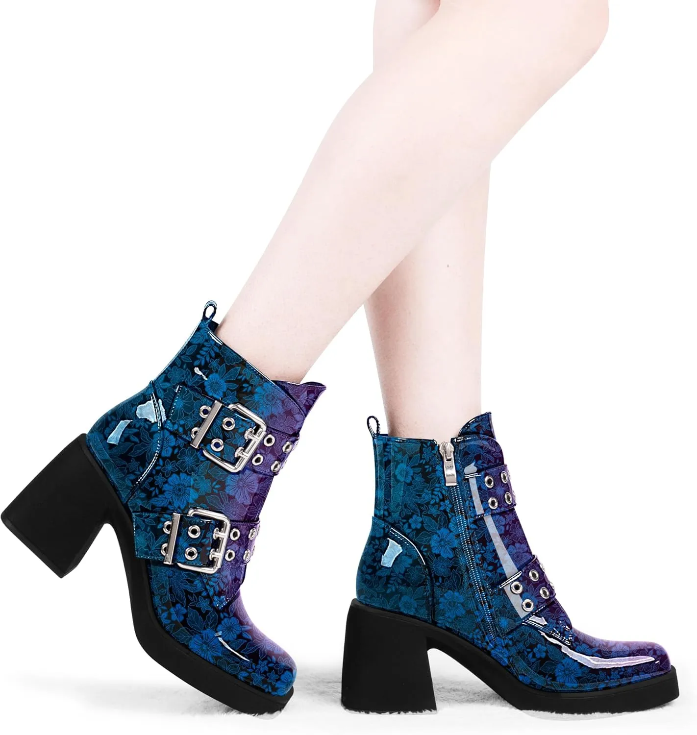 Women's Platform Chunky Heel Buckle Ankle Boots Patent Leather Side Zipper Booties