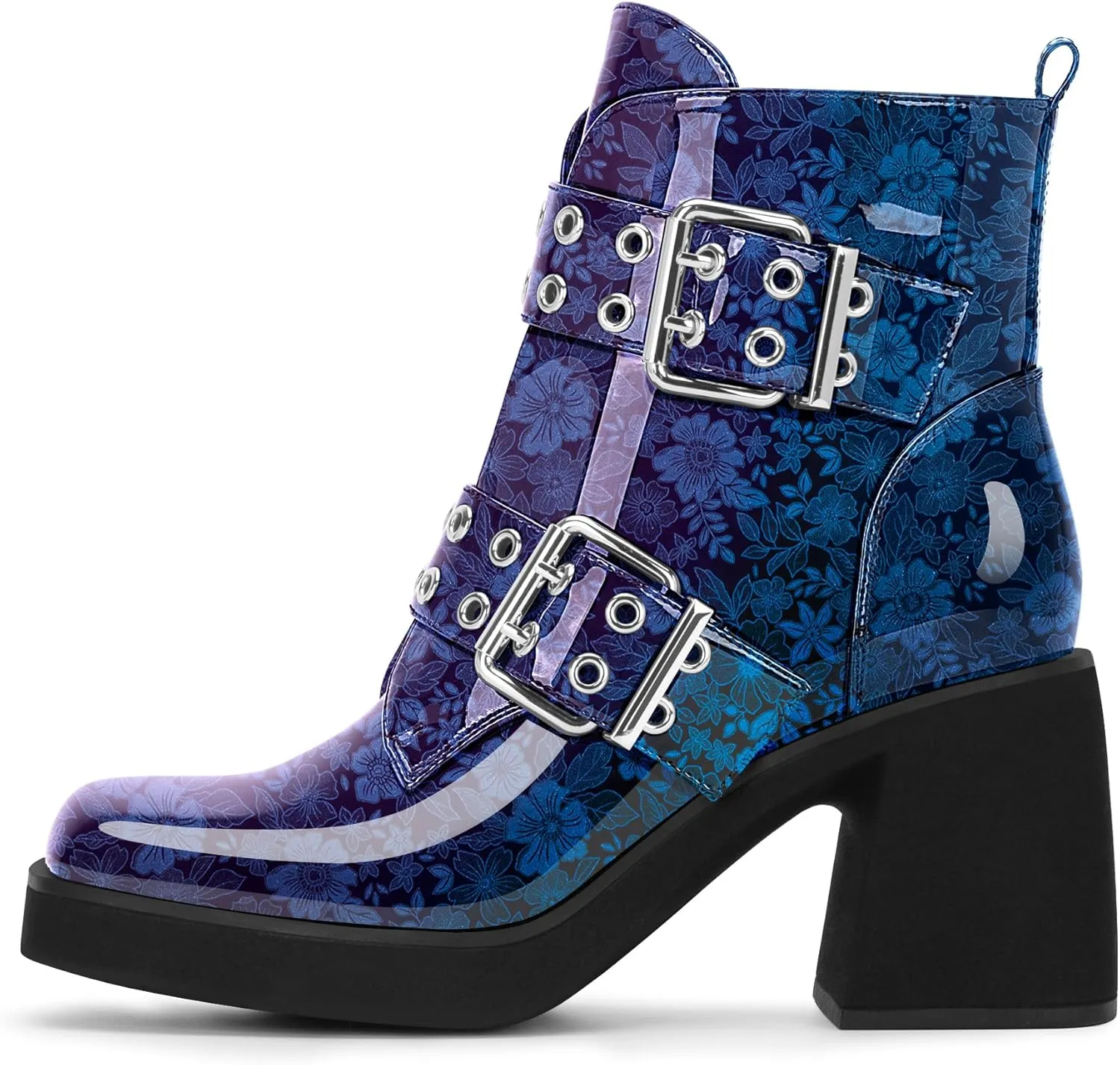 Women's Platform Chunky Heel Buckle Ankle Boots Patent Leather Side Zipper Booties
